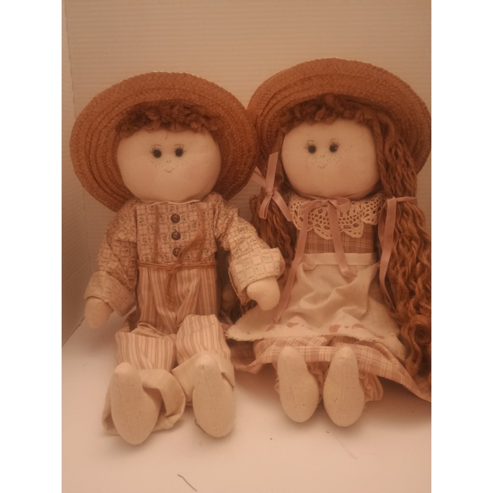 Vintage 22" Large Country Handmade Boy & Girl Wood Block Body With Stuffed...